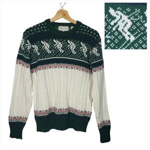 VTG Nordic Fair Isle Cable Knit Skiing Pullover Sweater Size Medium Green White